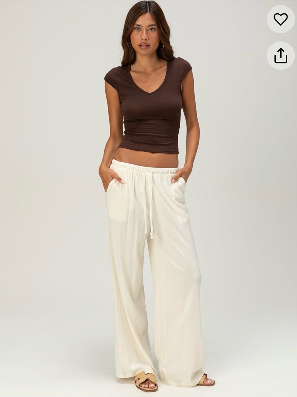 Cream Wide-Leg Drawstring Pull-On Pants